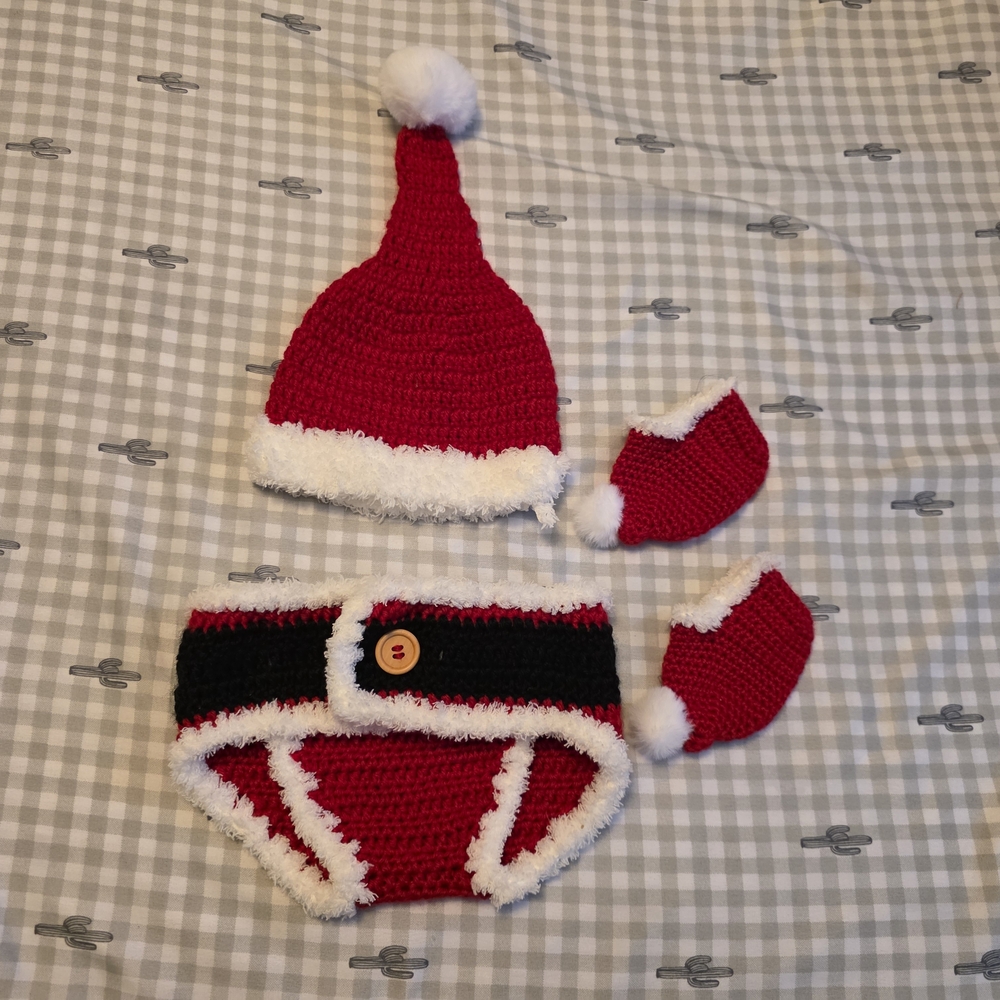 Kids Holiday Santa Crochet Hat & Diaper Cover Set - Red